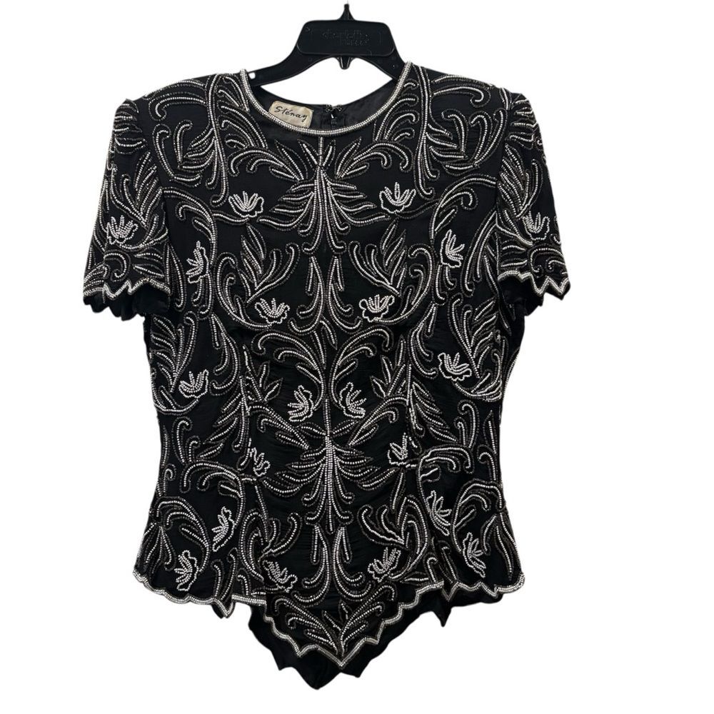 Sténay Vintage Beaded Short Sleeve Silk Top Size L
